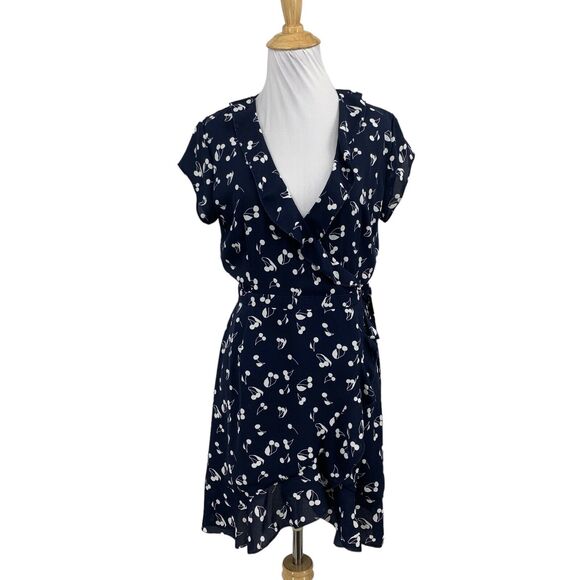 Aritzia Sunday Best Dress Womens 2 Navy White Cherry True Wrap V Neck Cap Sleeve - Picture 1 of 15